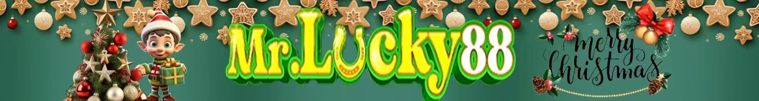 Banner MrLucky88 bertema Krismas dengan pokok dan hiasan