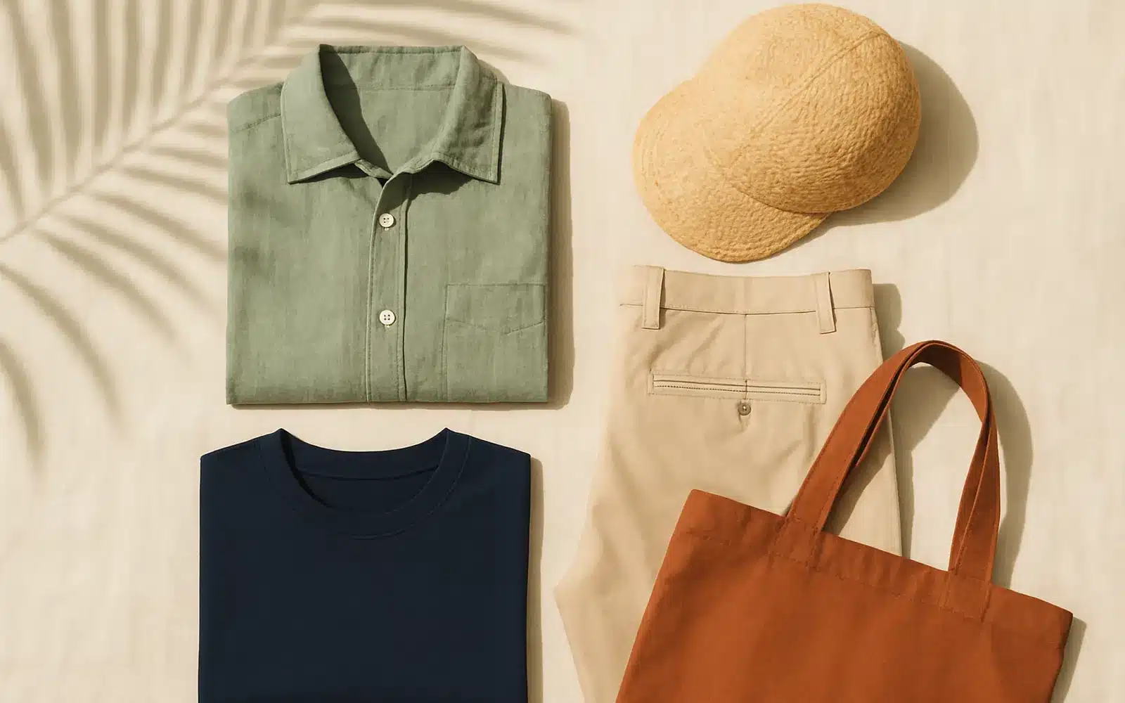 Linen shirt, cotton tee, chino trousers and canvas tote from Mr Lucky Malaysia